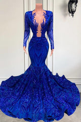 Hot Sparkle Royal Blue Sequin Long Sleeves Mermaid Prom Dress