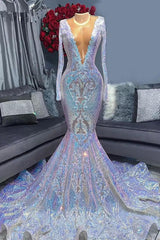 Hot Sparkle Sequin V Neck Long Sleeves Mermaid Prom Dress