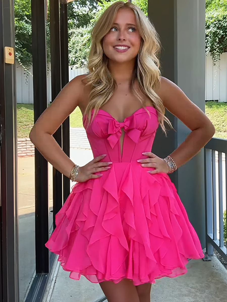 A Line Strapless Cut Front Homecoming Dress with Bow