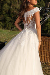 Illusion Neck A Line Sleeveless Sweep Train Tulle Wedding Dress With Lace