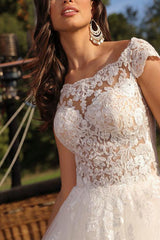 Illusion Neck A Line Sleeveless Sweep Train Tulle Wedding Dress With Lace
