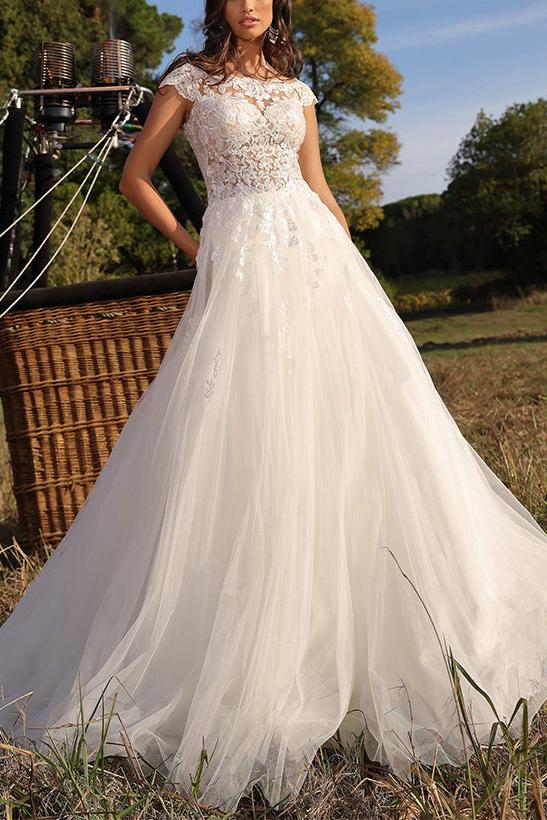 Illusion Neck A Line Sleeveless Sweep Train Tulle Wedding Dress With Lace