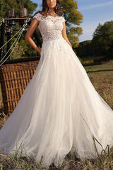 Illusion Neck A Line Sleeveless Sweep Train Tulle Wedding Dress With Lace