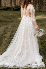 Illusion Neck A Line Wedding Dress with 3/4 Sleeves and Court Train in Lace/Tulle