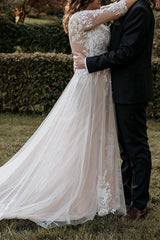 Illusion Neck A Line Wedding Dress with 3/4 Sleeves and Court Train in Lace/Tulle