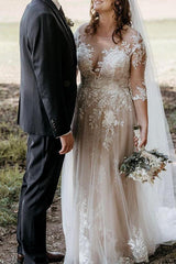 Illusion Neck A Line Wedding Dress with 3/4 Sleeves and Court Train in Lace/Tulle