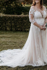 Illusion Neck A Line Wedding Dress with 3/4 Sleeves and Court Train in Lace/Tulle