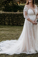 Illusion Neck A Line Wedding Dress with 3/4 Sleeves and Court Train in Lace/Tulle