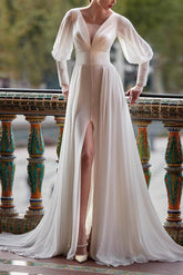 Illusion Neck A Line Wedding Dress with Long Sleeves and Split Front