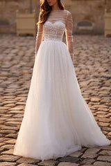 Illusion Neck A Line Wedding Dress with Long Sleeves and Sweep Train in Tulle/Sequined