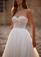 Illusion Neck A Line Wedding Dress with Long Sleeves and Sweep Train in Tulle/Sequined