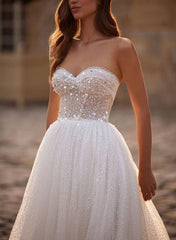 Illusion Neck A Line Wedding Dress with Long Sleeves and Sweep Train in Tulle/Sequined
