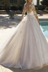 Illusion Neck A Line Wedding Dress with Sequins Lace/Tulle and 3/4 Sleeves