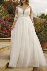 Illusion Neck A Line Wedding Dress with Sequins Lace/Tulle and 3/4 Sleeves