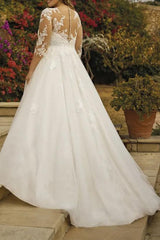 Illusion Neck A Line Wedding Dress with Sequins Lace/Tulle and 3/4 Sleeves
