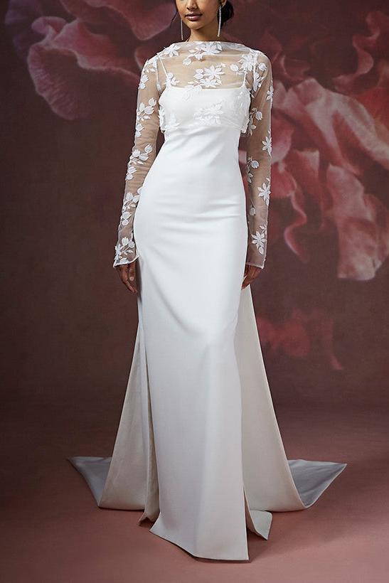 Illusion Neck Lace/Elastic Satin Wedding Dress