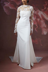 Illusion Neck Lace/Elastic Satin Wedding Dress