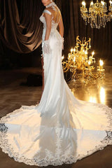 Illusion Neck Lace/Silk Like Satin Wedding Dress With High Split