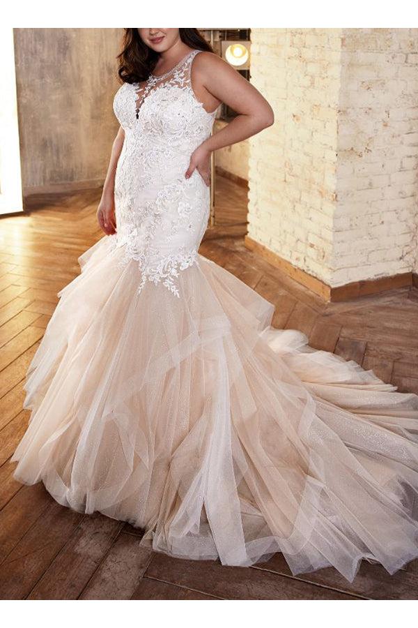 Illusion Neck Lace/Tulle Wedding Dress Trumpet/Mermaid