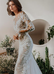 Illusion Neck Long Sleeves Lace Chapel Train Wedding Dress With Appliques Lace