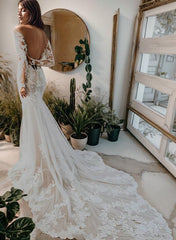 Illusion Neck Long Sleeves Lace Chapel Train Wedding Dress With Appliques Lace