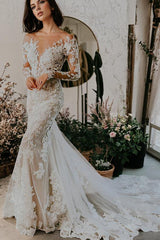 Illusion Neck Long Sleeves Lace Chapel Train Wedding Dress With Appliques Lace