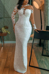 Illusion Neck Long Sleeves Lace/Satin Sheath/Column Wedding Dress