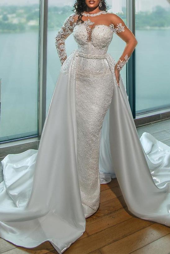 Illusion Neck Long Sleeves Lace/Satin Sheath/Column Wedding Dress