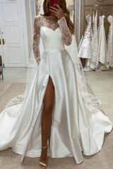 Illusion Neck Long Sleeves Satin Wedding Dress With Lace