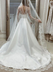 Illusion Neck Long Sleeves Satin Wedding Dress With Lace