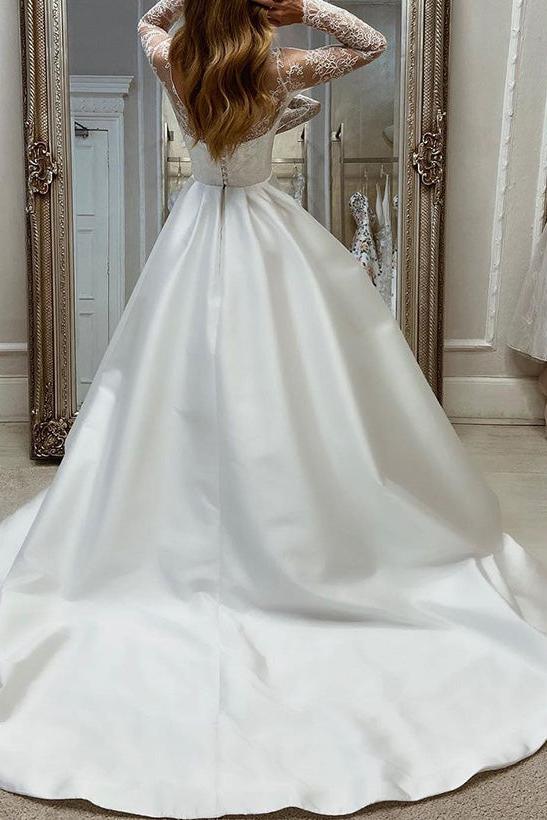 Illusion Neck Long Sleeves Satin Wedding Dress With Lace