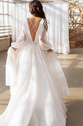Illusion Neck Long Sleeves Sweep Train Chiffon Wedding Dress