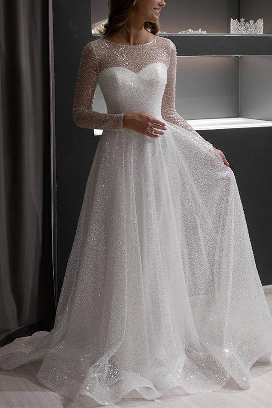 Illusion Neck Long Sleeves Sweep Train Sequined Wedding Dress