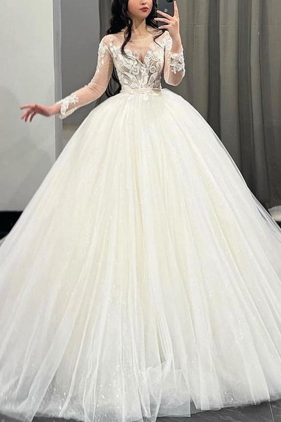 Illusion Neck Long Sleeves Tulle Wedding Dress with Appliques Lace