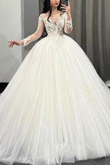Illusion Neck Long Sleeves Tulle Wedding Dress with Appliques Lace