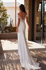 Illusion Neck Short Sleeves Sweep Train Elastic Satin Wedding Dress With Beading