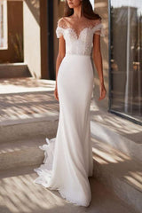 Illusion Neck Short Sleeves Sweep Train Elastic Satin Wedding Dress With Beading