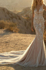 Illusion Neck Tulle Wedding Dress With Appliques Lace