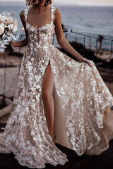 Ivory A Line Spaghetti Strap V Neck Sleeveless Lace Long Tulle Bridal Gown With High Slit