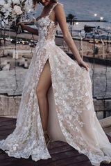 Ivory A Line Spaghetti Strap V Neck Sleeveless Lace Tulle Bridal Gown With High Slit