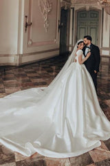 Ivory A Line Square Neck Satin Glitter Bridal Gown With Sleeves