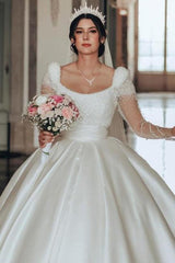 Ivory A Line Square Neck Satin Glitter Bridal Gown With Sleeves