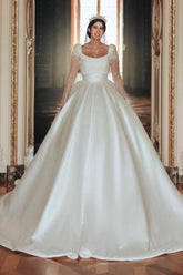 Ivory A Line Square Neck Satin Glitter Bridal Gown With Sleeves