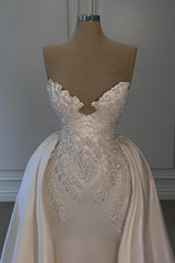 Ivory A Line Strapless Sleeveless Beaded Panel Train Ruffle Satin Bridal Gown