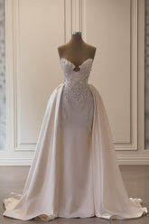 Ivory A Line Strapless Sleeveless Beaded Panel Train Ruffle Satin Bridal Gown