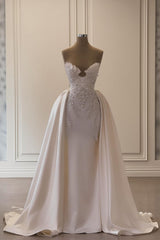 Ivory A Line Strapless Sleeveless Beaded Panel Train Ruffle Satin Bridal Gown