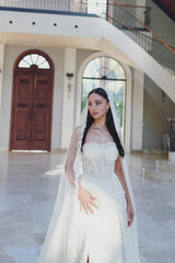 Ivory A Line Strapless Sleeveless Front Spilt Long Tulle Bridal Gown With Appliques