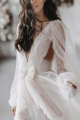 Ivory A Line Tulle Beach Wedding Dress Long Sleeves Bridal Dress