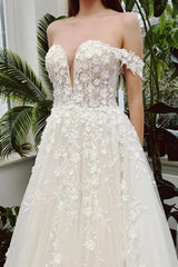Ivory A Line Wedding Dress Off The Shoulder V Neck Sleeveless Bridal Gown With Lace