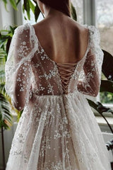Ivory A Line Wedding Dress Sleeves Lace Bridal Gown With Slit